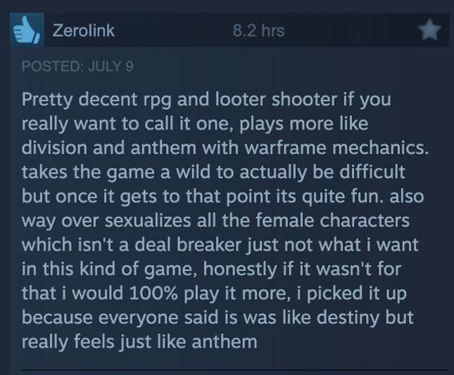 A screenshot from a Steam review for The First Descendant.