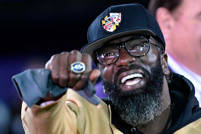 In this Nov. 3, 2019, file photo, former Baltimore Ravens safety Ed Reed displays his Pro Football Hall of Fame ring during a halftime ceremony at an NFL football game between the Ravens and the New England Patriots in Baltimore. Pro Football Hall of Famer Ed Reed has agreed to become the football coach at Bethune-Cookman and is leaving his job with the Miami Hurricanes, the schools announced Tuesday night, Dec. 27, 2022.