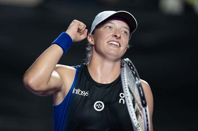 Nov 5, 2023; Cancun, Mexico; Iga Swiatek (POL) celebrates winning her match against Aryna Sabalenka (BLR) on day eight of the GNP Saguaros WTA Finals Cancun.