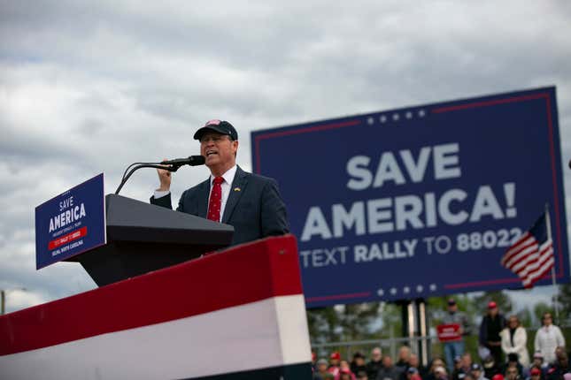 SELMA, NC - APRIL 09: Rep. Greg Murphy speaks before a rally for former U.S. President Donald Trump at The Farm at 95 on April 9, 2022 in Selma, North Carolina. The rally comes about five weeks before North Carolinas primary elections where Trump has thrown his support behind candidates in some key Republican races. (Photo by Allison Joyce/Getty Images)