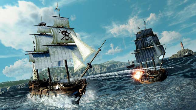 Two pirate ships in battle upon the seas.