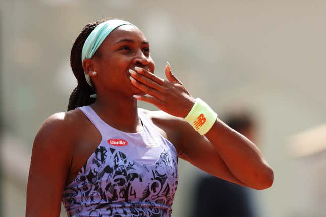 Coco Gauff of The United States interacts with Sloane Stephens of The United States after winning their Women’s Singles Quarter Final match on Day 10 of The 2022 French Open at Roland Garros on May 31, 2022 in Paris, France. (Photo by Clive Brunskill/Getty Images)