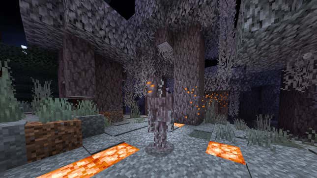 A Creaking stands between some illuminated blocks, with a trail of orange particles flowing behind it.