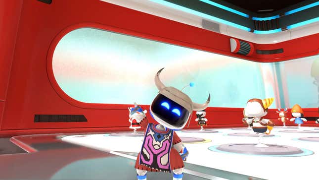 Astro Bot stands in front of costumes of other PlayStation-brand characters.