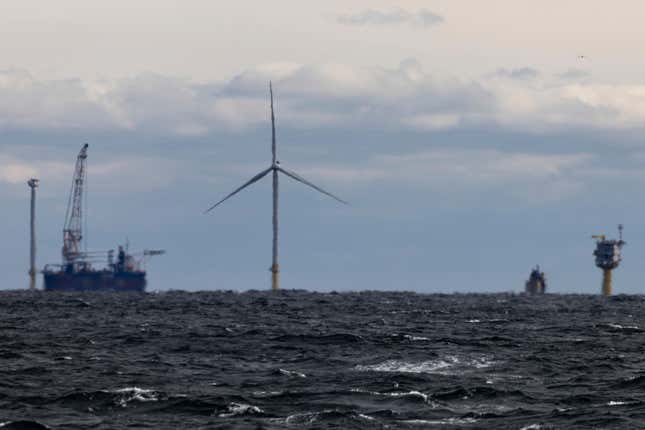 FILE - The first operating South Fork Wind farm turbine, Thursday, Dec. 7, 2023, stands east of Montauk Point, N.Y. South Fork Wind, America&#39;s first commercial-scale offshore wind farm, is officially open. (AP Photo/Julia Nikhinson, File)