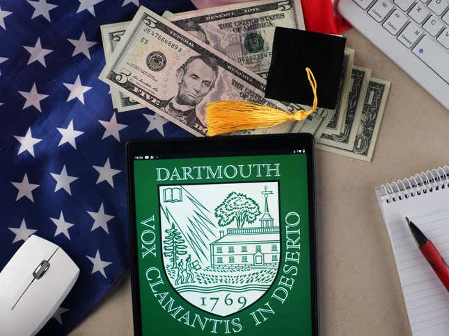 A Dartmouth College logo on a tablet. 