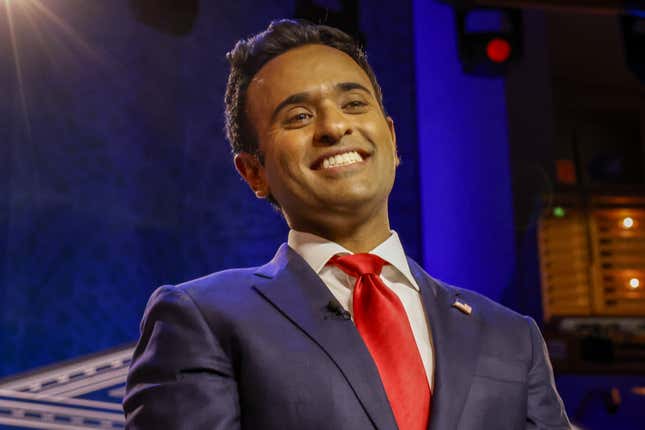 Vivek Ramaswamy, chairman and co-founder of Strive Asset Management and 2024 Republican presidential candidate, arrives to participate in the Republican primary presidential debate hosted by NBC News in Miami, Florida, US, on Wednesday, Nov. 8, 2023. The debate comes as the nation grapples with how to provide support for Israel in its war against Hamas, which controls Gaza and has been categorized as a terrorist organization by the US and European Union.