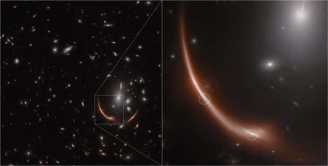 The lensed galaxy MRG-M0138 with supernova circled in the inset (right) image.