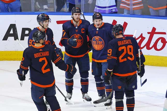 Jan 18, 2024; Edmonton, Alberta, CAN; The Edmonton Oilers celebrate a goal scored by forward Zach Hyman (18) during the third period against the Seattle Kraken at Rogers Place.