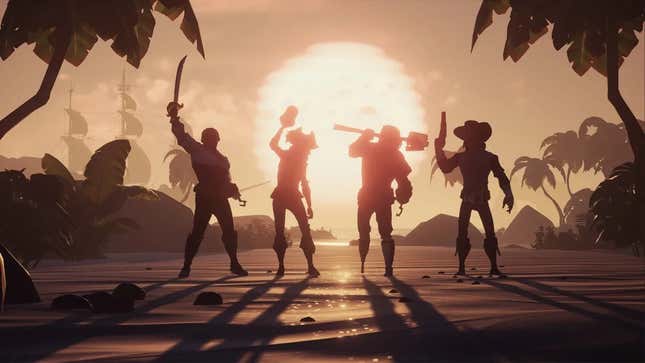 A screenshot of Sea of Thieves showing the silhouette of a crew of pirates against the setting sun.