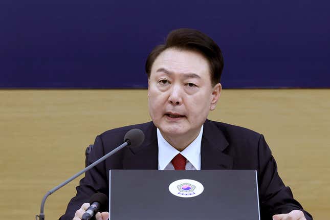 South Korean President Yoon Suk Yeol speaks during a cabinet meeting at the government complex in Sejong, South Korea, Wednesday, March 6, 2024. The prolonged walkouts by junior doctors won&#39;t be tolerated, South Korea’s president said Wednesday, calling them &quot;an illegal collective action&quot; that threatens public health and shakes the country’s governing systems. (Jin Sung-chul/Yonhap via AP)