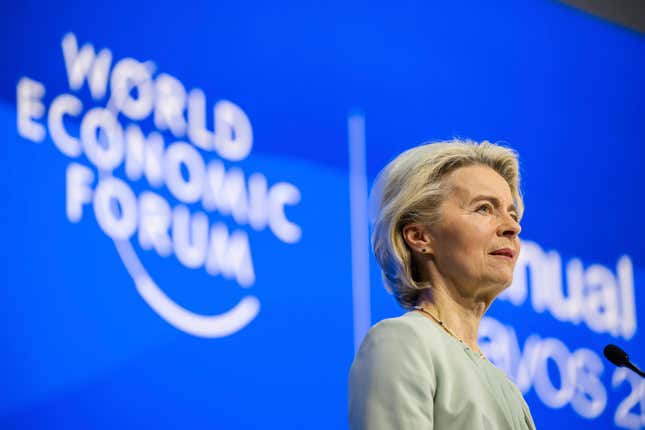 President of the European Commission Ursula von der Leyen, speaks at a plenary session in the Congress Hall at the 54th annual meeting of the World Economic Forum, WEF, in Davos, Switzerland, Tuesday, Jan. 16, 2024. (Gian Ehrenzeller/Keystone via AP)