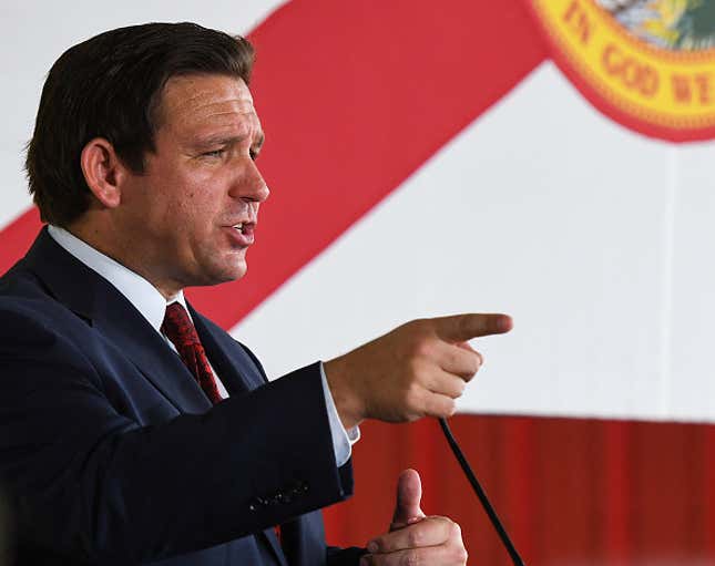 GENEVA, UNITED STATES - 2022/08/24: Florida Gov. Ron DeSantis speaks to supporters at a campaign stop on the Keep Florida Free Tour at the Horsepower Ranch in Geneva. DeSantis faces former Florida Gov. Charlie Crist for the general election for Florida Governor in November.