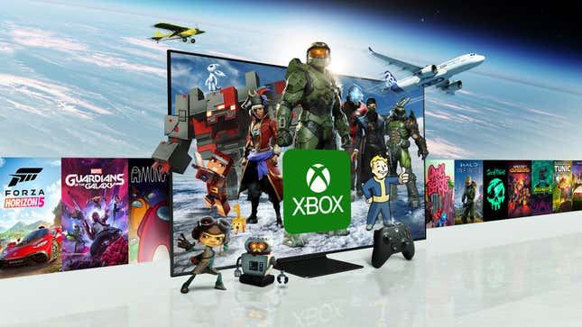 An image shows many Xbox games on a large TV. 