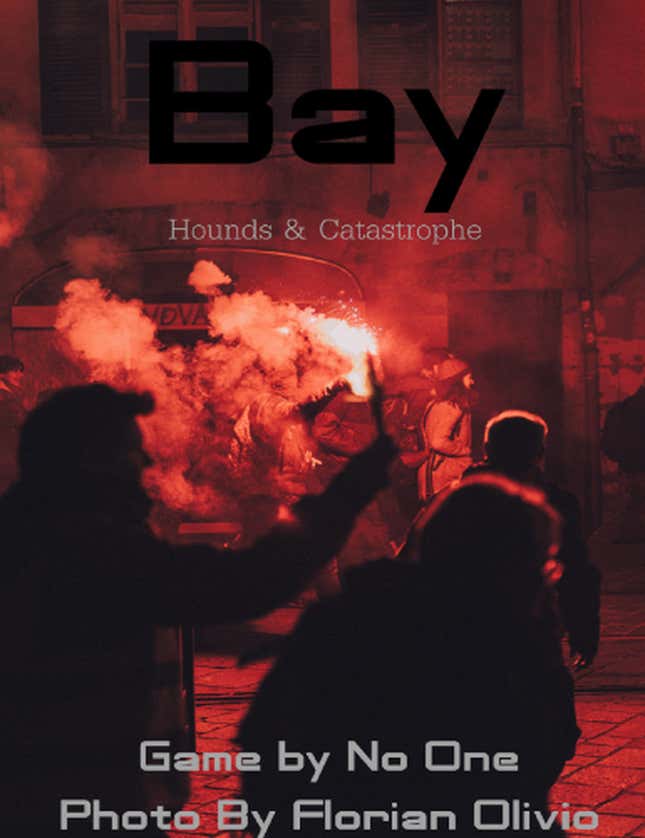 The cover to Bay, featuring protesters in silhouette against a red city background 