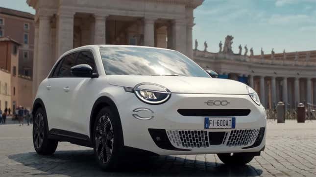 Screenshot of a Fiat video showing the front of the upcoming 600