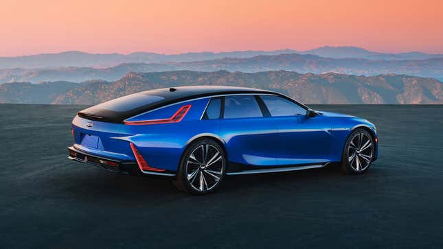 Rear-quarter image of a blue Cadillac Celestiq overlooking a mountain.