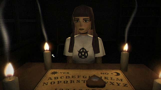 A low-poly teen girl sits at a Ouija board with candles on the table.