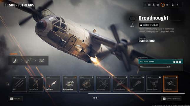 The Dreadnought scorestreak unlock screen in Black Ops 6.