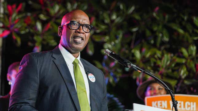 Ken Welch speaks to supporters Tuesday, Nov. 2, 2021 in St. Petersburg, Fla. A ball planned for Welch, the first Black mayor of St. Petersburg has been canceled, Thursday, Dec. 2, amid concerns its circus theme was inappropriate in the once-segregated city. 
