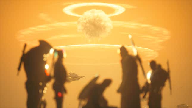 An image shows the squad standing in front of a nuclear blast. 