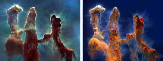     On the left is an image of the pillar from the Hubble Space Telescope, and on the right is an image of the pillar from the Webb Space Telescope.