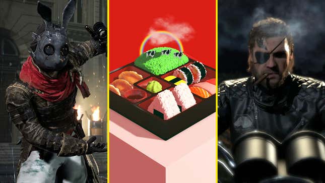 A person in a rabbit mask, a bento box with sushi, and Big Boss are arranged in a composite image.