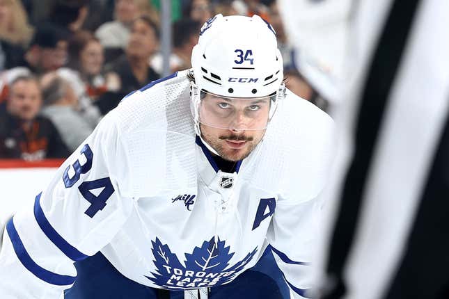 PHILADELPHIA, PENNSYLVANIA - MARCH 14: Auston Matthews #34 of the Toronto Maple Leafs looks on during the third period against the Philadelphia Flyers at the Wells Fargo Center on March 14, 2024 in Philadelphia, Pennsylvania. (Photo by Tim Nwachukwu/Getty Images)