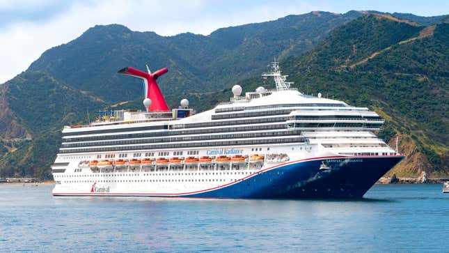 General views of the Carnival Radiance cruise ship at Avalon harbor on May 19, 2023 in Avalon, California.