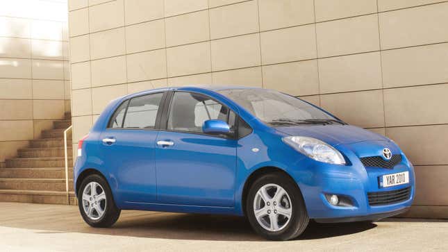 A photo of a blue Toyota Yaris. 