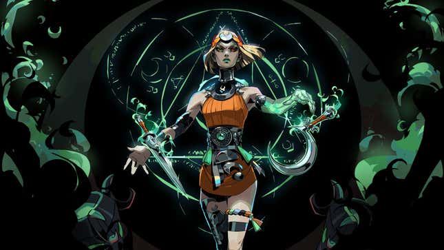 Hades 2 protagonist Melinoë poses in the center of the image as her weapons circle around her.