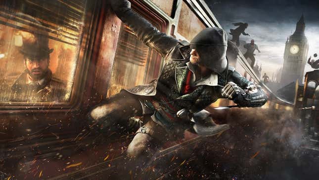 An image shows an assassin attacking a man in a train. 