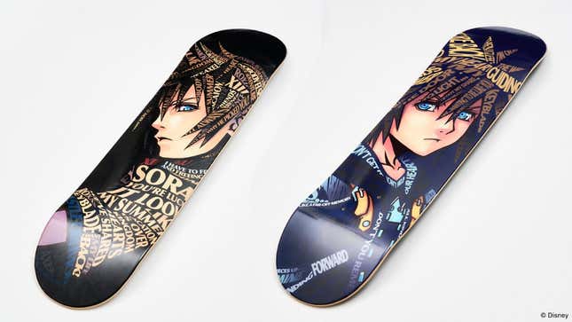 Two skateboards, one with Sora, one with Roxas.