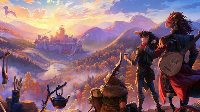 An concept art image shows characters from DnD looking at a castle. 