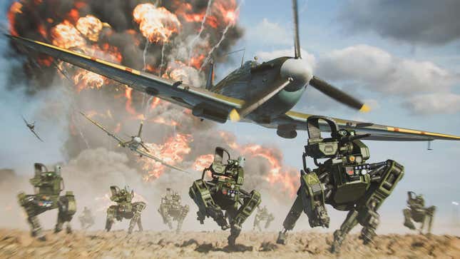 A small pack of robot dogs run underneath a soaring airplane as an explosion explodes in the background on a sunny day in Battlefield 2042.