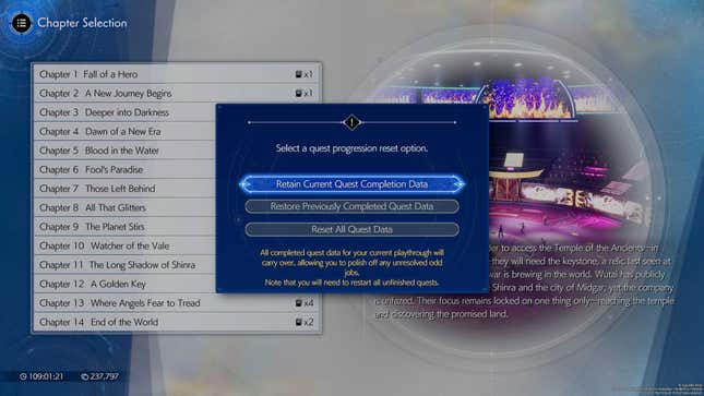 Ein Screenshot des Hauptmenüs von Final Fantasy VII Rebirth zeigt Informationen zum Zurücksetzen der Quest.