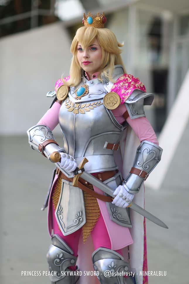 Princess Peach in full armor wields a sword.