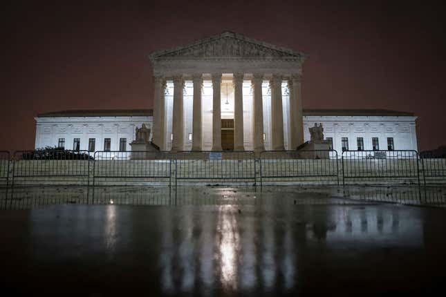 The Supreme Court is illuminated early Monday morning before the start of the Senate Judiciary Committee confirmation hearing for Supreme Court Justice nominee Amy Coney Barrett on October 12, 2020, in Washington, DC. 