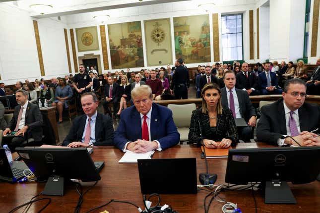 Former U.S. President Donald Trump, with lawyers Christopher Kise, Alina Habba, and Clifford Robert, attends the closing arguments in the Trump Organization civil fraud trial at New York State Supreme Court in the Manhattan borough of New York, Thursday, Jan. 11, 2024. (Shannon Stapleton/Pool Photo via AP)