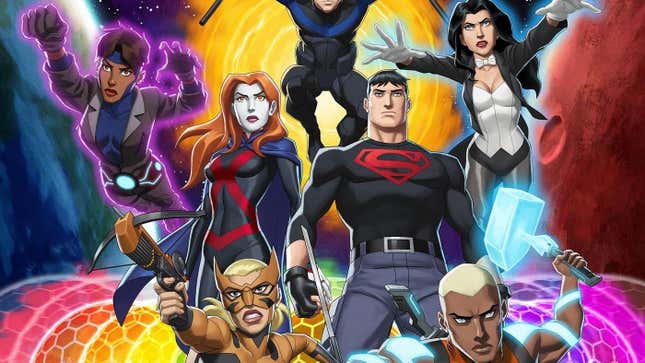 Crop of a promotional poster for HBO Max's Young Justice: Phantoms, showing the season's lead characters in action poses. 