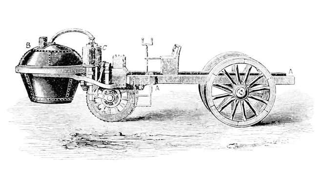 A pencil sketch of a three-wheeled steam engine. 