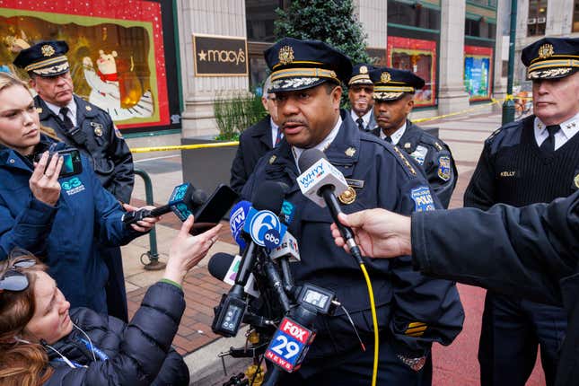 Interim Commissioner John M. Stanford, Jr. speaks during a press conference outside of the Macy&#39;s in Center City after reports of an alleged stabbing at the department store, Monday, Dec. 4, 2023, in Philadelphia. (Alejandro A. Alvarez/The Philadelphia Inquirer via AP)