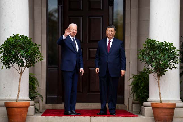 President Joe Biden greets China&#39;s President President Xi Jinping at the Filoli Estate in Woodside, Calif., Wednesday, Nov, 15, 2023, on the sidelines of the Asia-Pacific Economic Cooperative conference. (Doug Mills/The New York Times via AP, Pool)