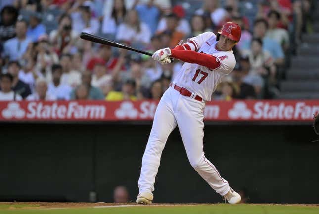 Aug 5, 2023; Anaheim, California, USA; Los Angeles Angels designated hitter Shohei Ohtani (17) lines out to right field in the fourth inning against the Seattle Mariners at Angel Stadium.