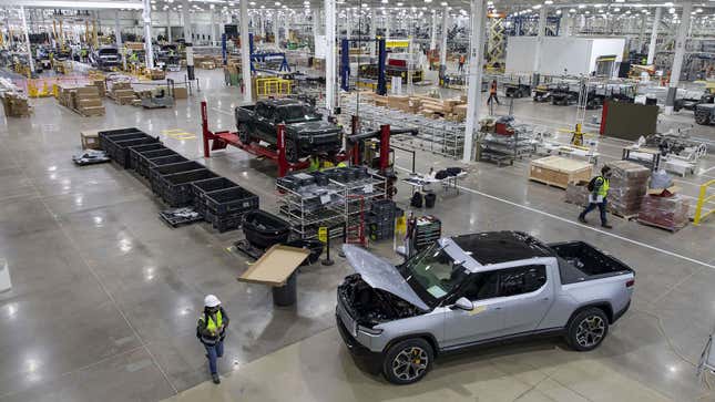 A photo of a Rivian factory floor. 