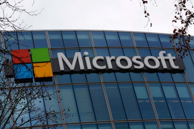 FILE - The logo of Microsoft is displayed outside the headquarters in Paris, Friday, Jan. 8, 2021. Microsoft reports their earnings on Tuesday, Jan. 30, 2024. (AP Photo/Thibault Camus, file)