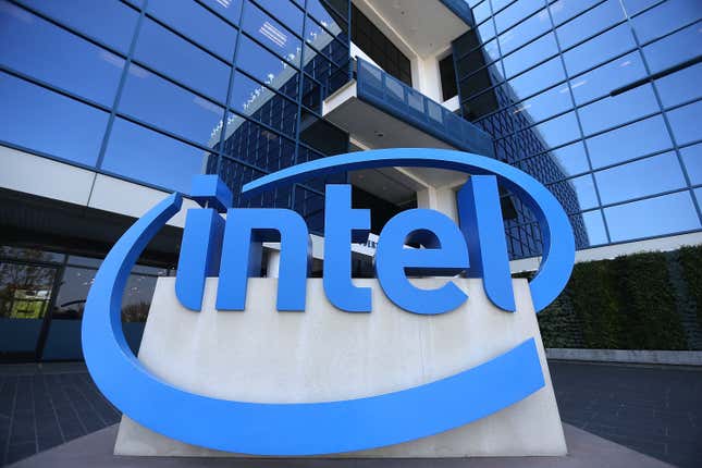 close up of Intel logo on display outside an office building