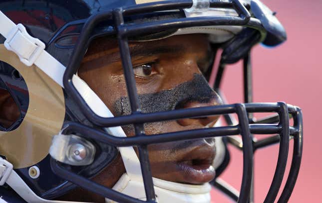 Michael Sam, who was the NFL’s first openly gay player, as seen during his brief time with the St. Louis Rams in 2014. Sam never saw the field in a regular season game in the NFL.