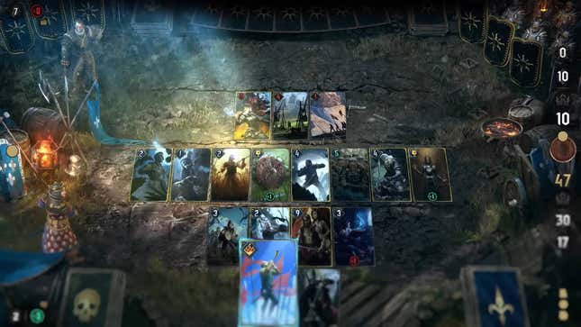 Gwent card match being played out.