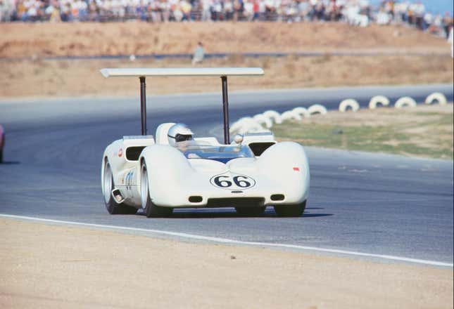 1966 Times Grand Prix - Riverside. Driver, owner and engineer Jim Hall drives his Chaparral 2E to a second place finish